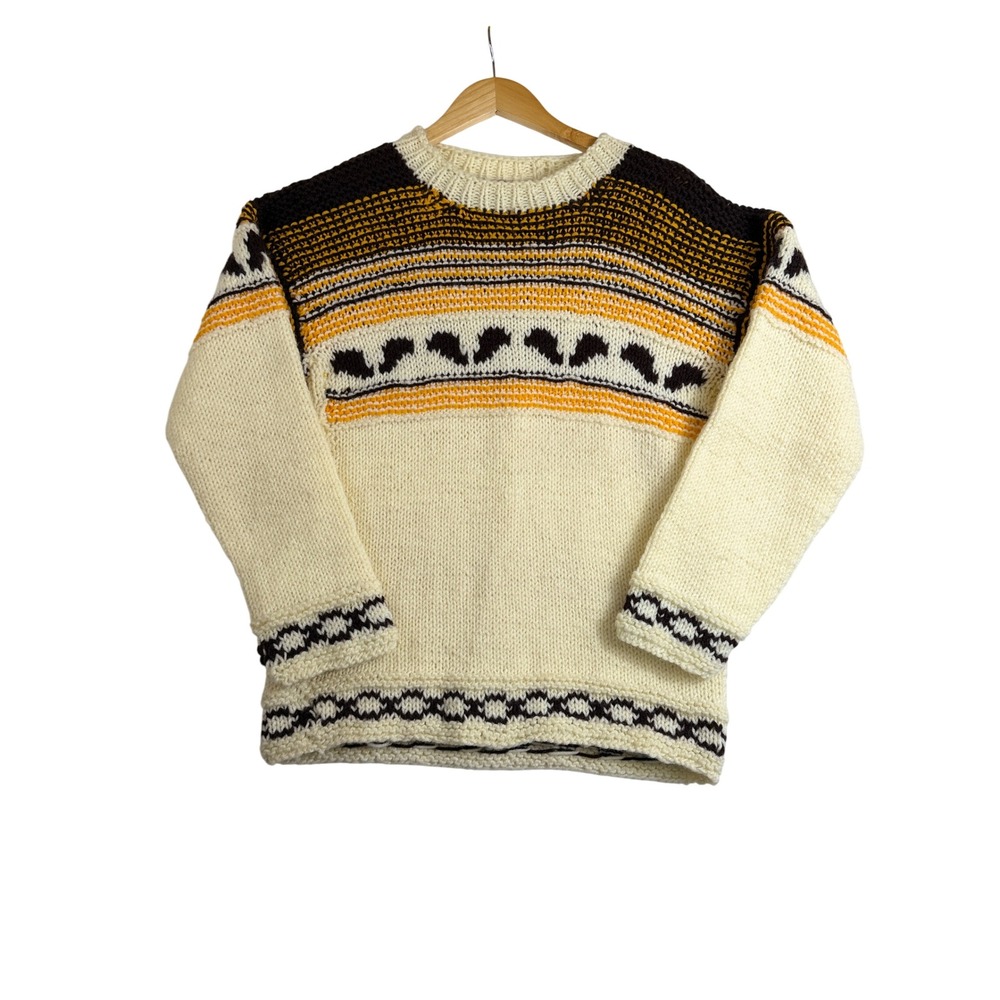 Vintage Handmade in Chile Wool Knit Sweater Geometric Pattern Cream Brown Medium